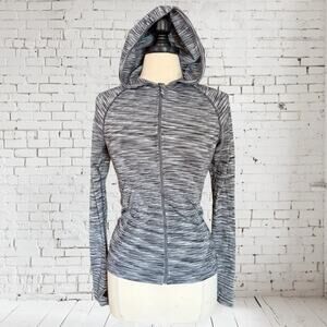 Athleta Full Zip Jacket Hooded Track Jacket Sz M Space Dye Gray Ruched Sides